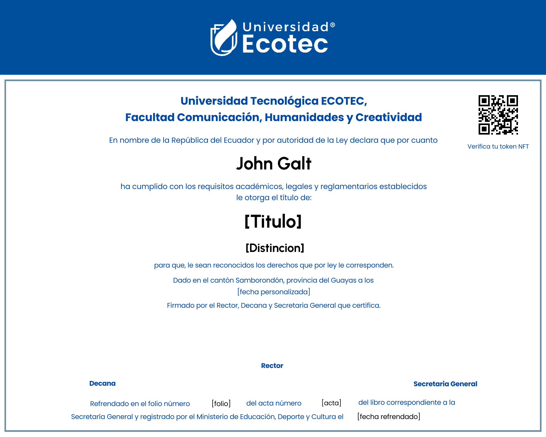 Título universitario Universidad Ecotec — plantilla verificable POK